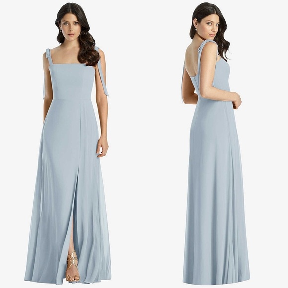 DESSY COLLECTION Chiffon Square Neck Sleeveless Tie Shoulder Front Slit Gown 8 - Picture 1 of 5